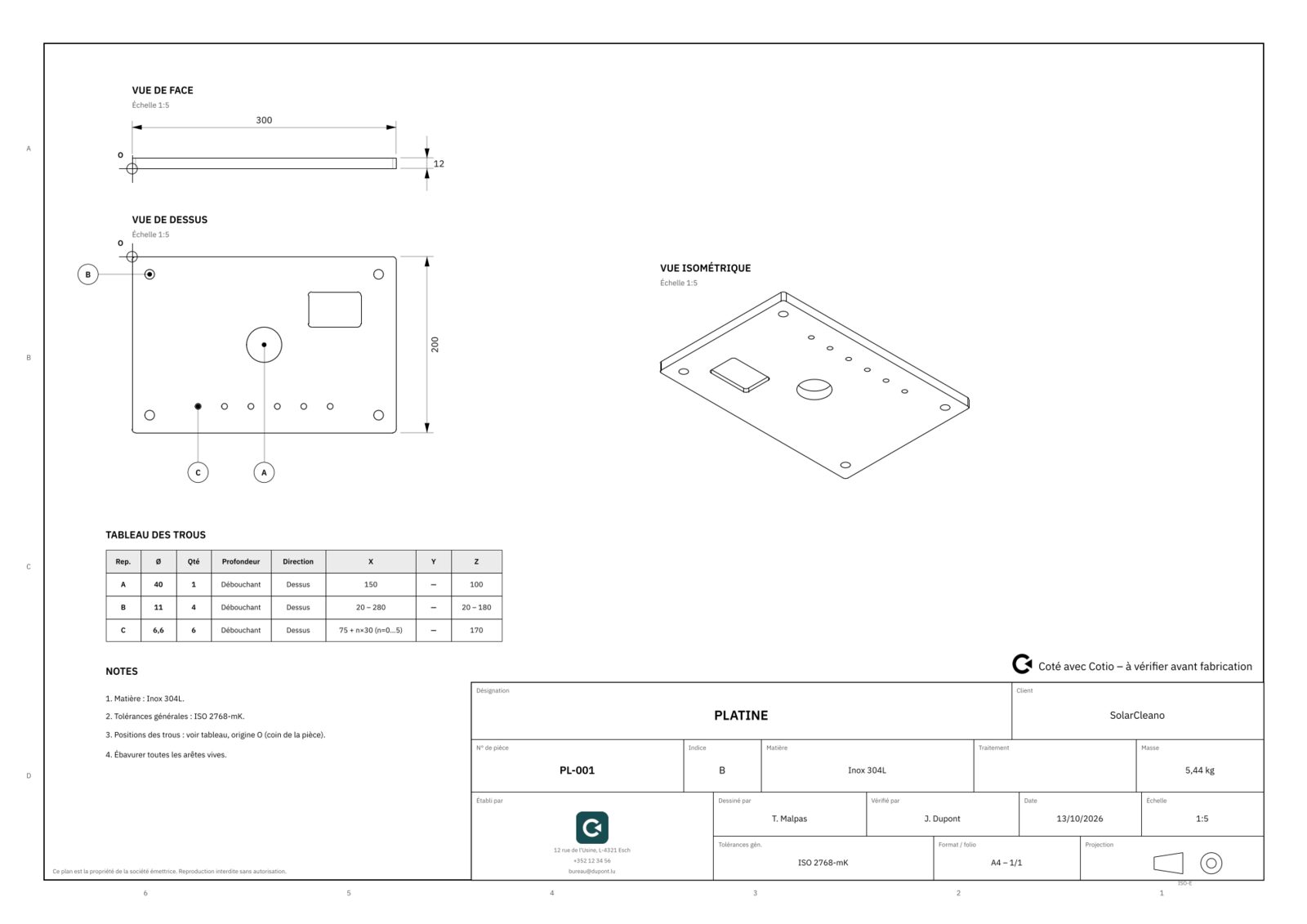 Plan d'une platine usinée avec tableau des trous